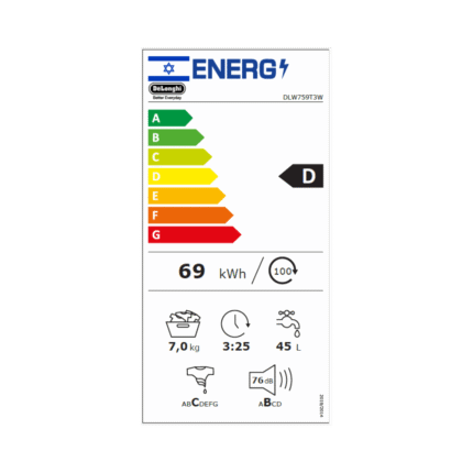מכונת כביסה 7 קג DeLonghi DLW759T3W תכונות